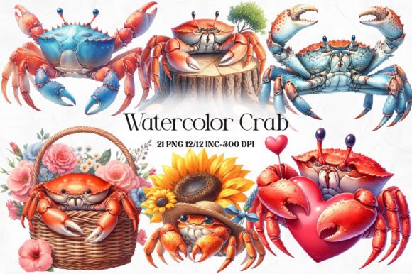 Download Watercolor Crab Sublimation Clipart - Crab Collection