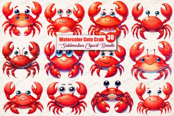 Download Watercolor Cute Crab Clipart Bundle. - Crab Collection
