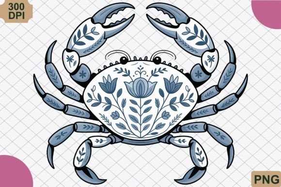 Download Blue Floral Crab Vintage Ocean PNG - Crab Collection